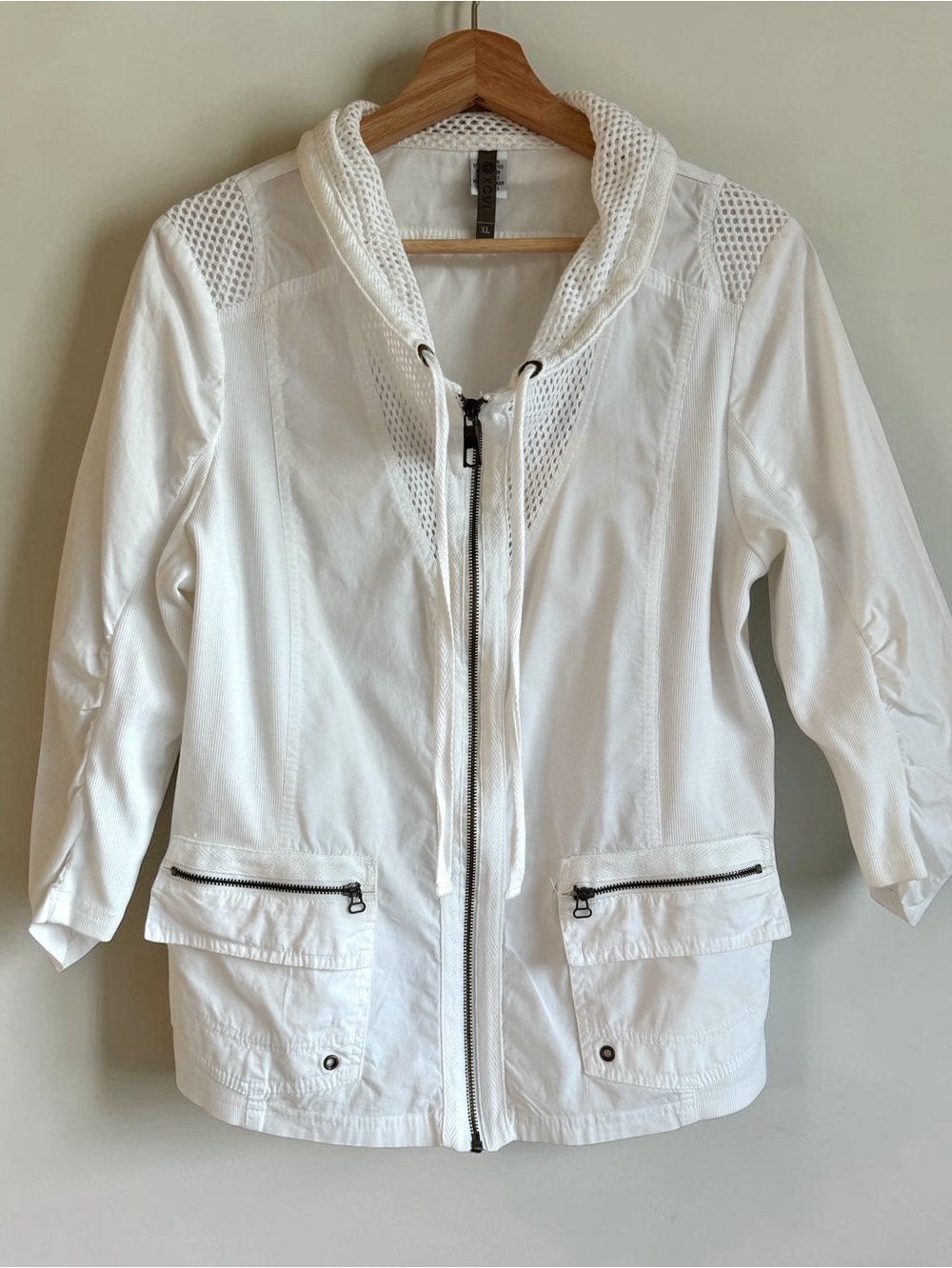 XCVI White Zip Front Utility Jacket XL Ruched Sleeve Mesh Trim